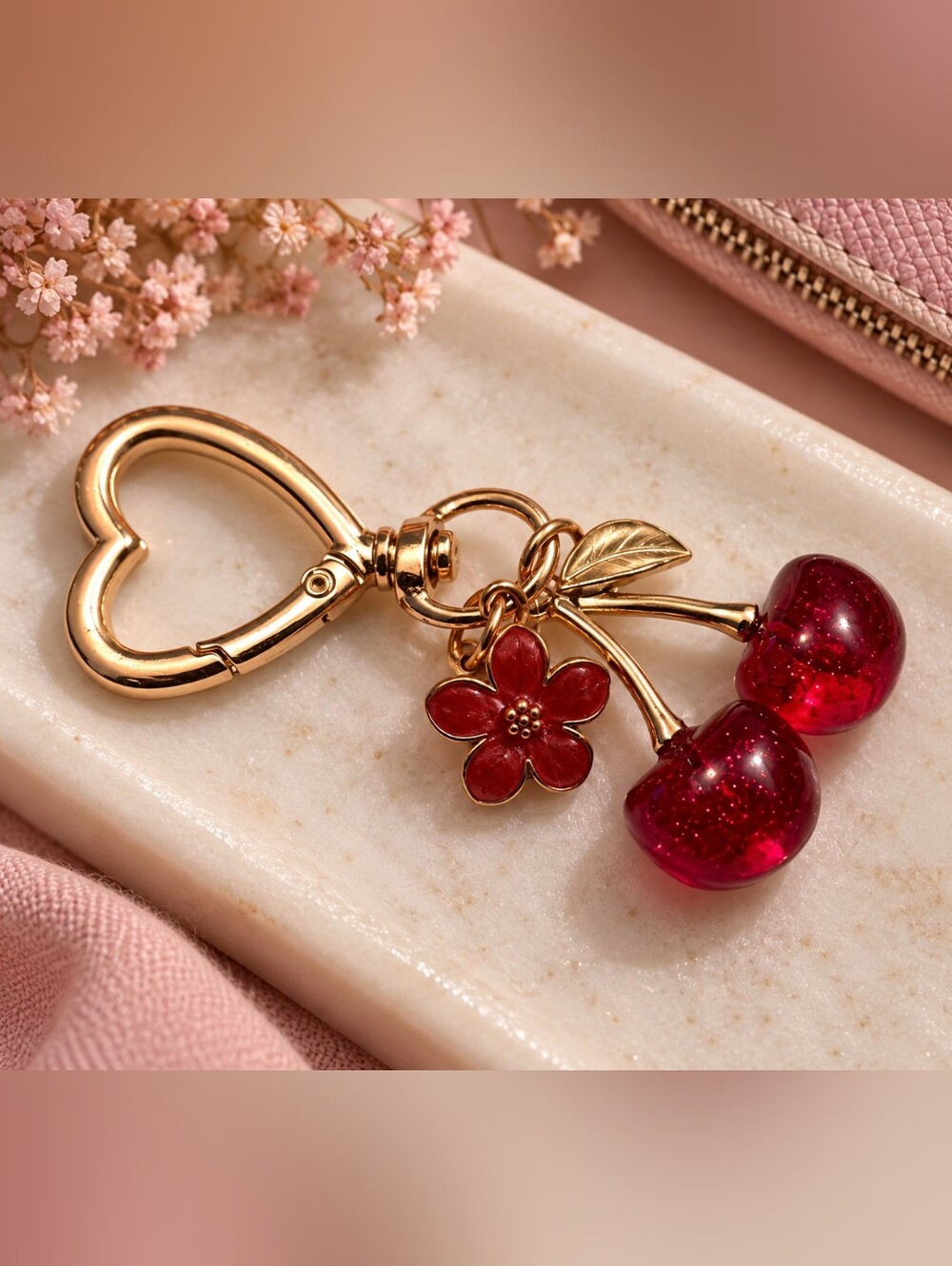 Gold-Tone Cherry & Flower Keychain/Purse/Bag Charm - Red New